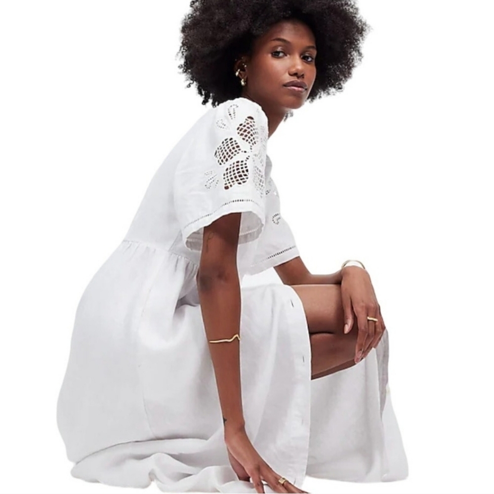 Madewell Cassie Button-Front Midi Dress in Embroidered Linen NWT S NQ631 White - Picture 4 of 10